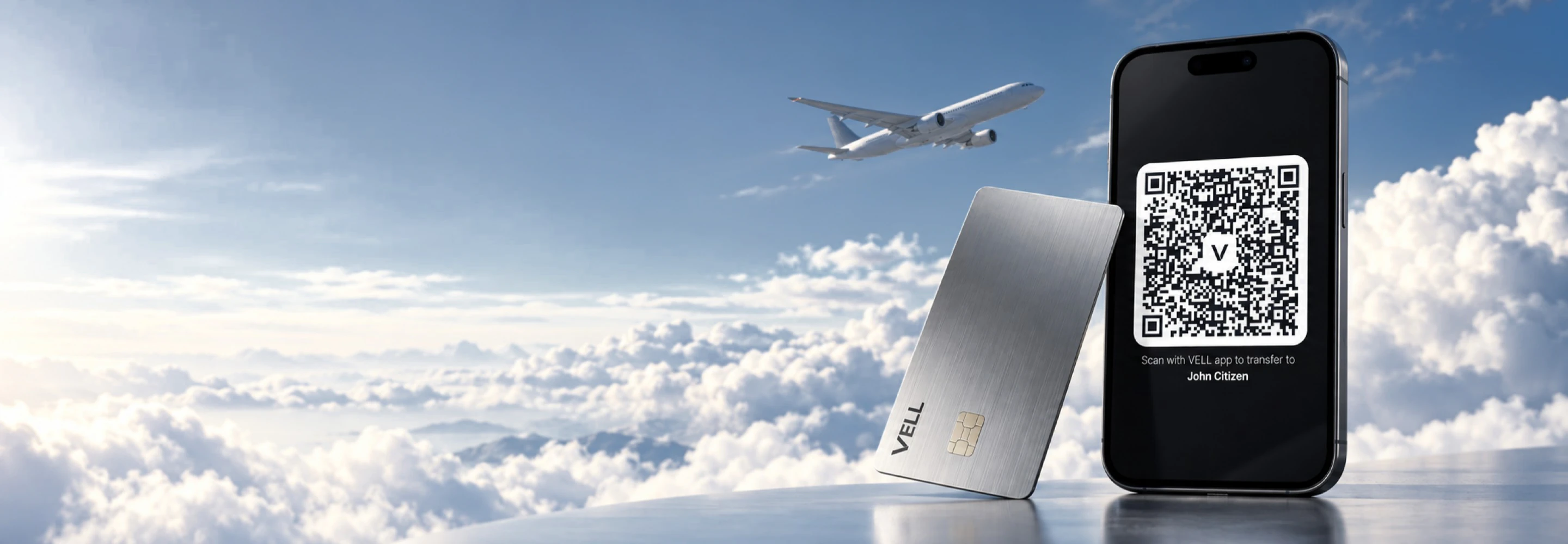 A Vell card and a phone showing a Vell transfer QR code, above the clouds