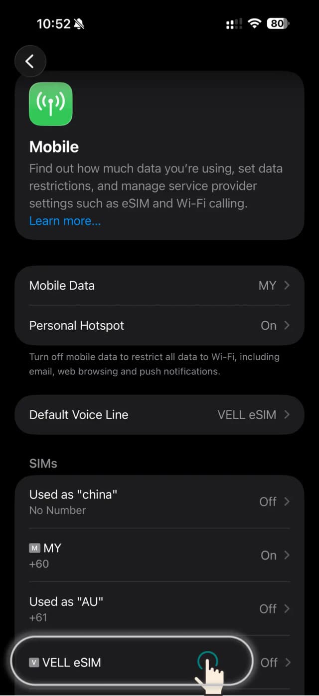 Settings › Mobile › SIMs